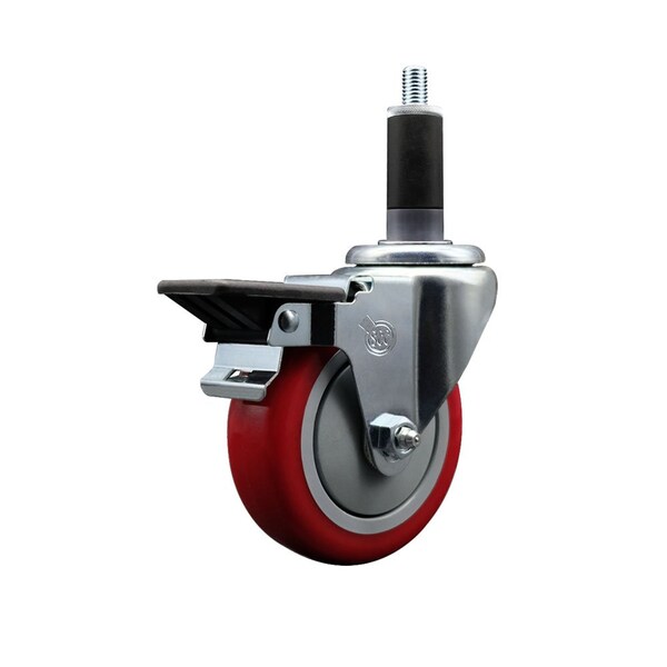 4'' Red Poly Swivel 1-1/8'' Expanding Stem Caster with Brake
